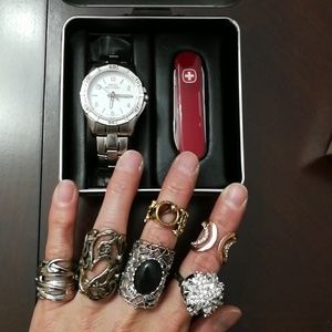 BNWT Swiss Military Stainless steel watch set with Lot of 6 chunky costume rings
